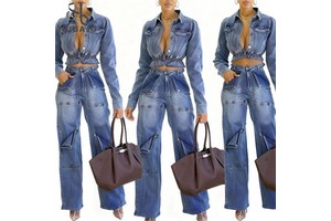 Fall Women's Stretchy Denim 2 Piece Set Fashion Full Sleeve Crop Jacket+Jeans Trouser Matching Streetwear