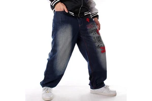 Men's Plus Size European & American Trendy Hip Hop Jeans, Washed Embroidered Loose Casual Skateboard Pants for Street Dance