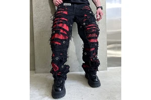 DiZNEW Mens Black Shredded Denim Jeans Red Underlay Grommet Distressed Straight Fit Streetwear Punk Style OEM ODM Custom