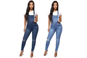 Plus Size S-2XL Denim Overalls Women Casual Daily Jumpsuit Solid Holes Straps Tight Calf Jeans Streetwear Office Club Rompers