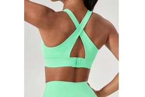 Mint Green Crossback Sports Bra High Support Yoga Solid Color Front Logo Women's Activewear Seamless Mesh Decoration