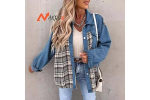 Women's Long Sleeve Plaid Denim Jacket Coat with Button Decoration Customizable Logo Winter Woven Shirt Jacket