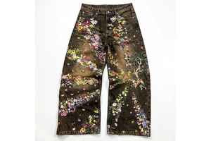 Custom Designer 3D Embroidered Patchwork Colored Flower Straight Streetwear Hip Hop Vintage Style Distressed Men Denim Jeans