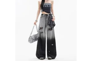 Women's High Waist Wide Leg Plaid Ribbon Jeans New Summer Design with Hole