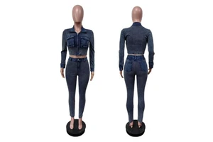 Fashion Splicing Corrugated Pocket Stretch Denim Jackets and Tight Jeans Pants Casual 2 Piece Set Women Denim Outfits