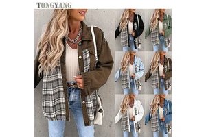 TONGYANG Autumn and Winter Denim Jacket Long Sleeve Plaid Button-down Shirt Jackets for Women Patchwork Jean Denim Jacket