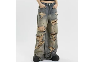 OEM Wholesale Low Moq Custom High Quality Retro Distressed Baggy Jean Straight Denim Pantalon Homme Acid Washed Jean for Men