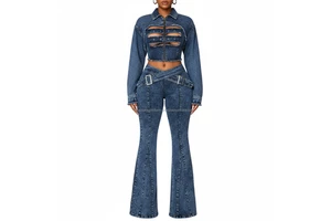 New Fashion Women's Two Piece Denim Set Casual Colored Sexy Cut Zip Buckle Criss-Cross Flare Y2K High Waist Streetwear