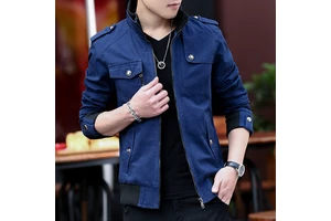 M-5XL Men's Jacket Korean Version Stand Collar Spring and Autumn Denim Workwear Zipper Jacket Pocket Top