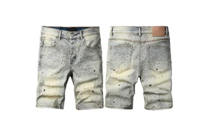 Man Summer Jeans Shorts 2026 Men's Vintage Print Straight Style Slim Fit Ripped Culotte Homme Short Jean with Rhinestones