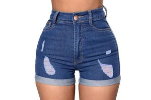 Women's Breathable Hot Pattern Colored Knee-Length Denim Shorts Pockets Elastic Waist Polyester/Cotton Fabric Casual Style High