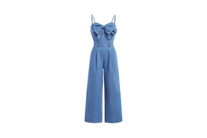 Women's Denim Jumpsuit with Bow Halter Wide Leg High Waist Casual Summer Vacation Outfit Washed Loose Fit Woven