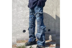 High Quality Denim Jeans Wholesale Party Design Logo Multiple Pockets Baggy Flare Pants Men's Plus Size Stonewashed Print Letter