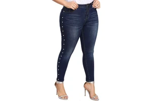 Wholesale Plus Size High-Waist Skinny Jeans for Women Featuring a Chic Pearl Side Stripe Comfort Stretch Denim Jeans For Women's