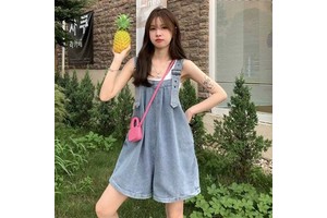 High Waist Rolled-up Denim Overalls Shorts for Women Salty Sweet Wide-Leg Loose Student Jumpsuit