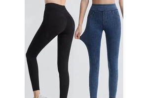 Women's Plus Size Casual Denim Pants Stretchy Solid Color Washable False Jeans with Seamless Pocket Soft Pencil Leggings