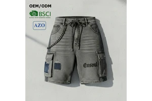 Premium Embroidered Denim Men's Shorts Heavy-Duty Metal Chain Accent Vintage Washed Distressed Patchwork for Streetwear Brands