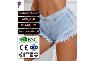 OEM Women's High-Waisted Denim Shorts Hot Selling Summer Casual Sexy Ripped Design Straight Style Woven Weaving Method Washed