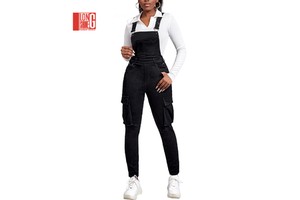 Women's Denim Overalls and Jumpsuits Black Denim Design Slim Fit Jeans Bib Overall Dungarees