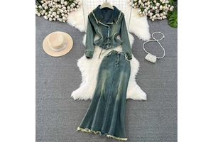 Fashion Suit Women Fashion Denim Short Two-Piece Set High Waist Slimming Fish Tail Wrap Hip Skirt