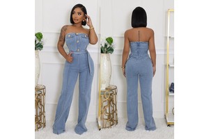New Arrivals Fashion Boutique 2025 Strapless S-2XL Cotton Denim Jeans Stretchy Jumpsuit