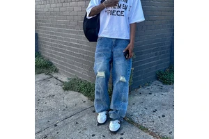 Men's Jeans Vintage Washed Blue Mid Waist Casual Wide Leg Long Pants Denim Fabric Hip Hop