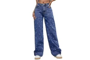 Women's Baggy Denim Jeans High-Rise Loose-Fit Straight Trousers with All-Over Pearl Rhinestone Decoration