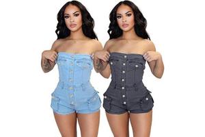 Summer New Women's Shorts Denim Jumpsuit Solid Color Sexy Women's Jean Overall Shorts