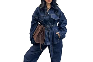 European American Style INS Retro Solid Casual Waist Strap Lapel Denim Suit 2-Piece Long Set with Belt Washed Can Be Customized