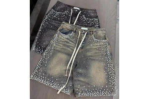TOPSHOW Denim Manufacturer Streetwear Custom Vintage Wash Jorts Men Jeans Shorts with Rhinestones Denim Shorts