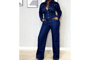 Private Label Clothing Women's New Arrival Collared Long-Sleeve Jacket & Wide-Leg Jeans 2-Piece Denim Set Sehe Fashion
