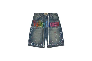 Men's Denim Shorts Vintage Summer Low-rise Washed Cat-whisker-embroidered Denim Shorts Distressed Loose-fit Straight-leg