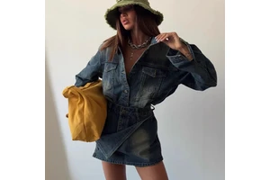 Long-sleeved Denim Suit Women's New Retro Hong Kong-style Washed Cardigan American-style Skirt Two-piece Bdbh Best-selling Model