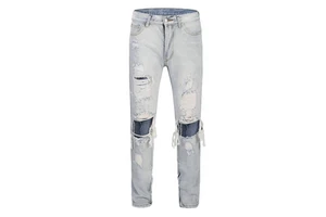 2024 Men's High Quality Mid Waist Denim Biker Trousers High Street Straight Stretchy Streetwear Distressed Print Pattern OEM
