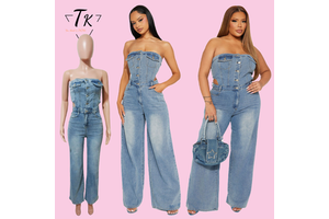 Think Strapless High-Waisted Denim Jumpsuit Women's Sleeveless Slim Fit Plus Size Wide-leg Summer Vintage