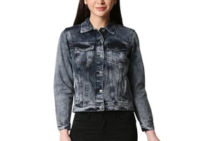 New Design Women Denim Jacket Breathable Printed Canvas Sheep Skin Long Sleeves Windproof High Street Custom
