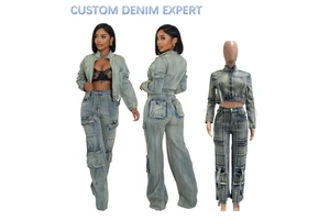 Washed Blue Gray Women's Denim Pants And Jacket Set Spring Fall Clothing Boutique Two-piece Jean Outfit For Woman