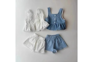 2025 New Style Summer Girl's Floral Color New Pure Thin Comfortable Sleeveless Denim Tops Shorts Korean Version Two-Piece Set