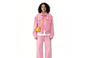 Custom Jeans Set Distressed Light Pink Two Piece Denim Set for Women's Washed Denim Jacket Set