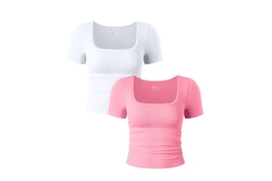 New Arrival Breathable Lightweight Plus Size Square Collar Short Sleeved Waist Cinching Seamless Front Logo Fitness Yoga Top