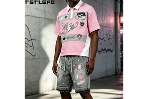 Custom Multi Patch Polo Shorts Set Pink Graphic Print Embroidery Distressed Denim Shorts Y2K Streetwear Wholesale Bulk