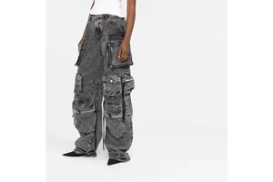 New Trendy Fall Wholesale Casual Washed Baggy Pocket Cargo Straight Trousers Jeans Ladies Streetwear Black Denim Women'S Jeans
