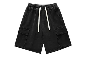 Custom Men Vintage Washed Denim Shorts Retro Fringe Drawstring Baggy Jeans Shorts Y2K Hip Hop Streetwear Jorts