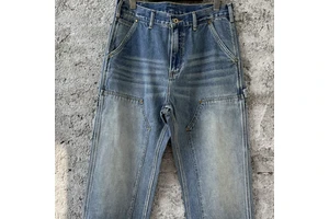 Vintage Straight Leg Denim Jeans Retro Distressed Streetwear Autumn Knitted Loose Fit Rivet Medium Wash