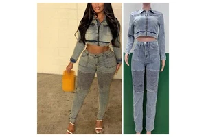 FS17894D Autumn Women Denim Jackets and Pants Two-Pieces Sets