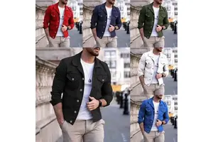 Autumn Men Denim Bomber Jacket Simple Casual Slim Turn-down Collar Regular Sleeve Breathable 100% Cotton Pocket Standard