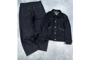 Custom Two Piece 14 OZ Streetwear Denim Set Salvage Jacket and Jean Set 2 Piece Japanese Style Raw Selvedge Jeans Suits for Men