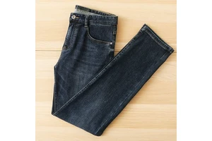 New Men's Casual Washed Denim Jeans Sea Shear Label Winter Elastic Fashion Mid-waist Straight-leg Heavyweight Long Pants Medium