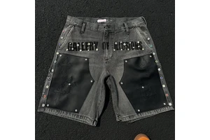 Custom Men's Street Wear Heavyweight Denim Shorts Applique Embroidery Jorts Vintage Zipper Fly Cotton Mid Waist Shorts