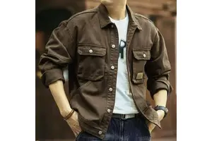 Men's Fashionable Retro Denim Jacket Washed Lapel Jacket French Workwear Jacket